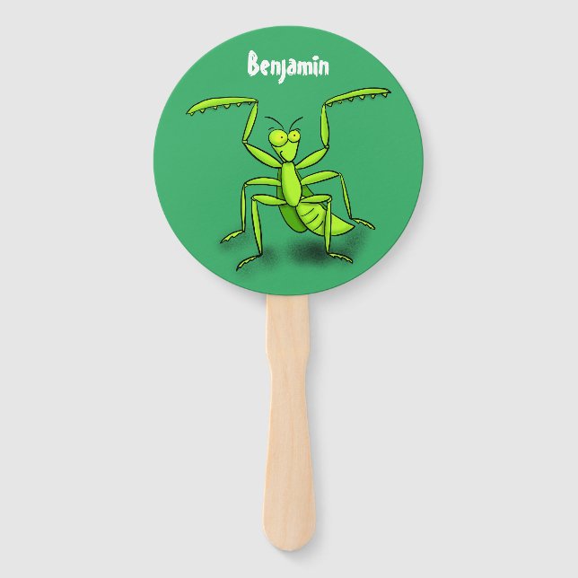 Funny green praying mantis cartoon illustration hand fan (Front)