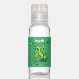 Funny green praying mantis cartoon illustration hand sanitizer