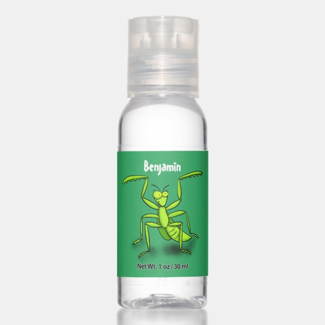 Funny green praying mantis cartoon illustration hand sanitizer (Front)