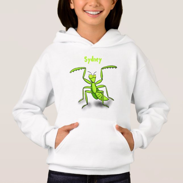 Funny green praying mantis cartoon illustration hoodie (Front)