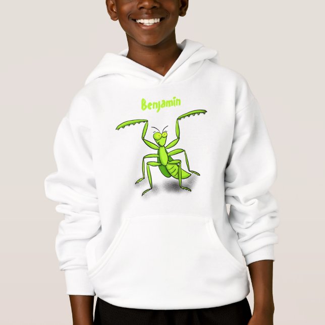 Funny green praying mantis cartoon illustration hoodie (Front)