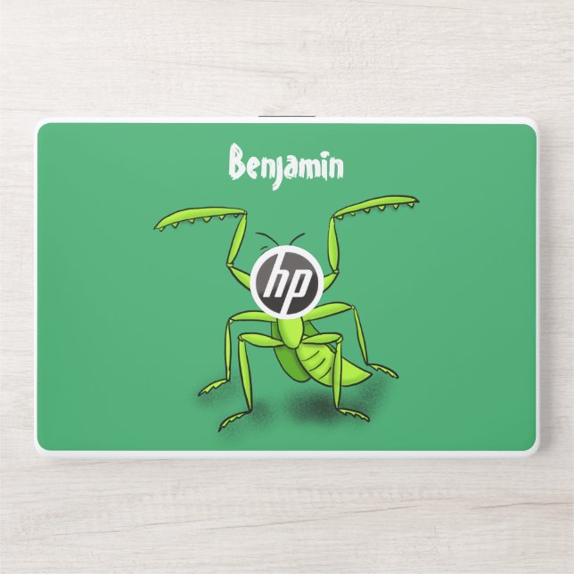 Funny green praying mantis cartoon illustration HP laptop skin (Front)