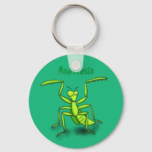 Funny green praying mantis cartoon illustration keychain