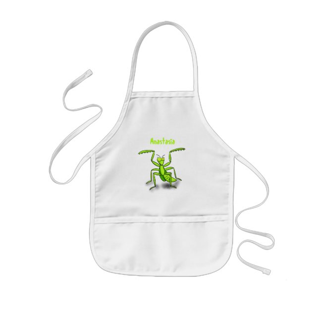 Funny green praying mantis cartoon illustration kids' apron (Front)