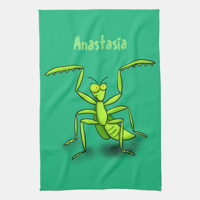 Funny green praying mantis cartoon illustration kitchen towel (Vertical)