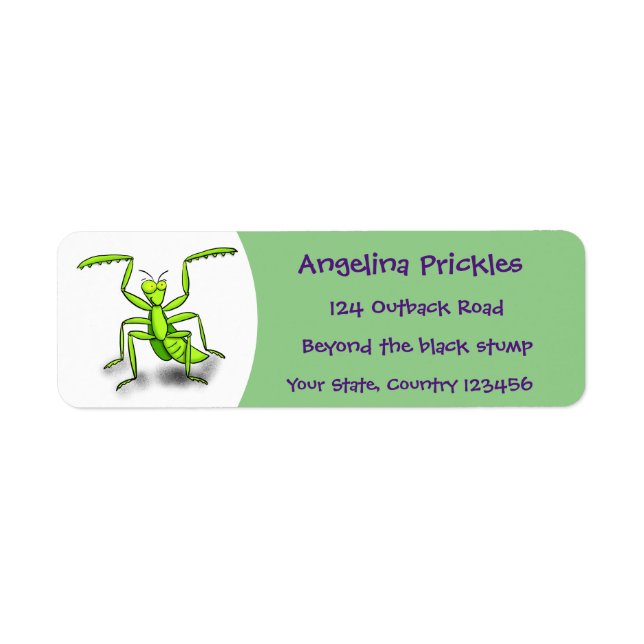 Funny green praying mantis cartoon illustration label (Front)