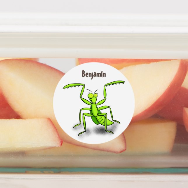 Funny green praying mantis cartoon illustration labels (Affixed)