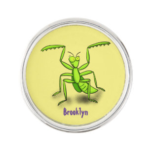 Funny green praying mantis cartoon illustration lapel pin