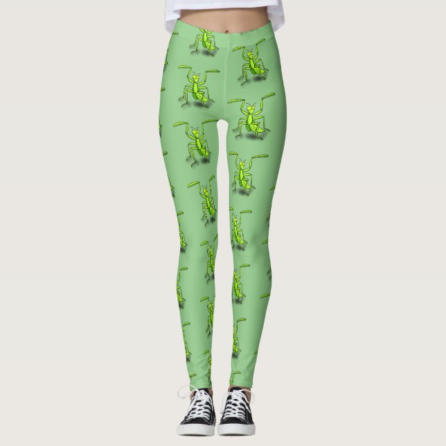 Funny green praying mantis cartoon illustration leggings (Front)