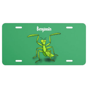 Funny green praying mantis cartoon illustration license plate