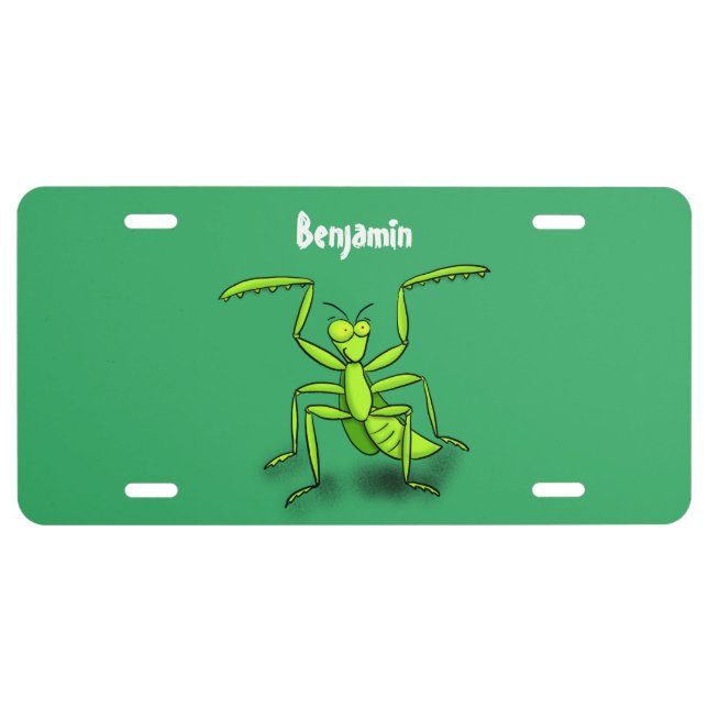 Funny green praying mantis cartoon illustration license plate (Front)
