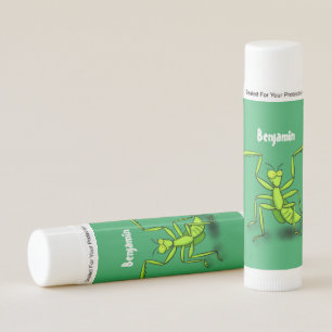 Funny green praying mantis cartoon illustration lip balm