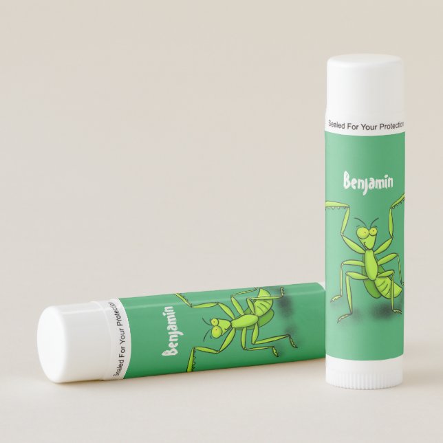 Funny green praying mantis cartoon illustration lip balm (Front)