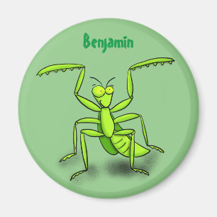 Funny green praying mantis cartoon illustration magnet