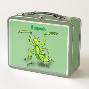 Funny green praying mantis cartoon illustration metal lunch box