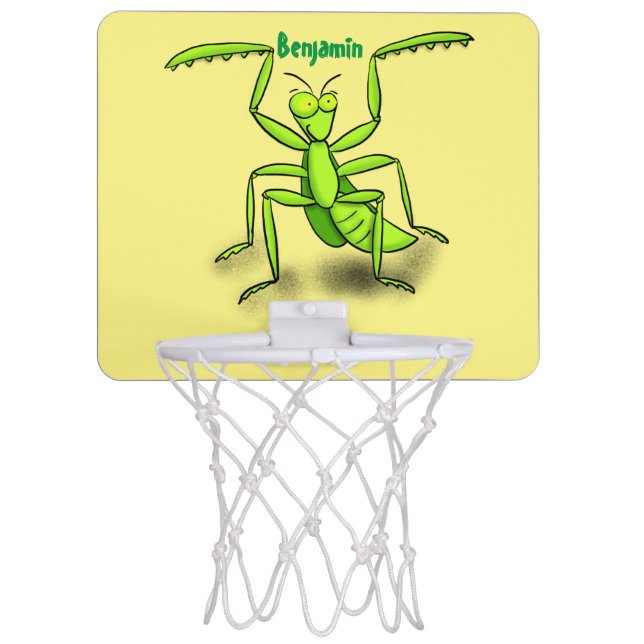 Funny green praying mantis cartoon illustration mini basketball hoop (Front)