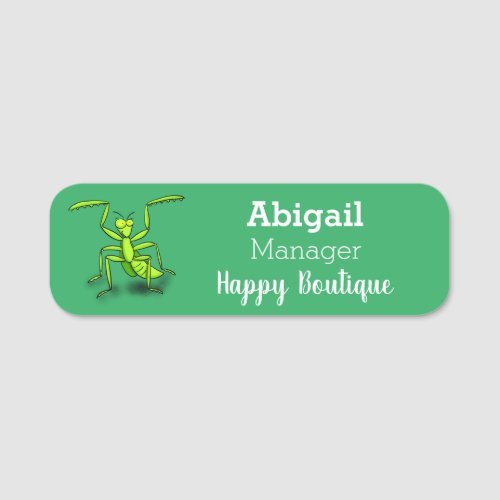 Funny green praying mantis cartoon illustration  name tag