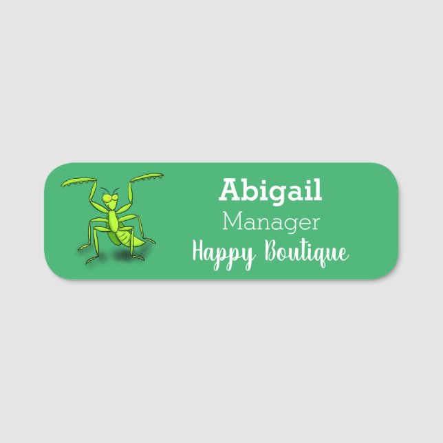 Funny green praying mantis cartoon illustration  name tag (Front)