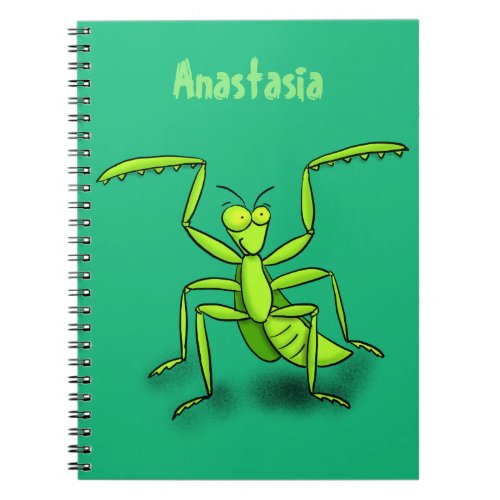 Funny green praying mantis cartoon illustration notebook
