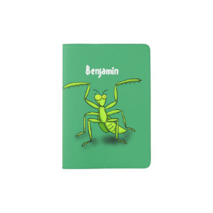 Funny green praying mantis cartoon illustration passport holder