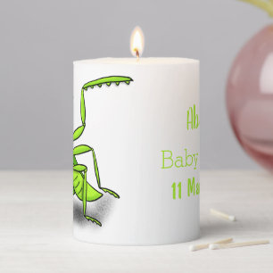 Funny green praying mantis cartoon illustration pillar candle
