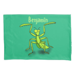 Funny green praying mantis cartoon illustration pillow case