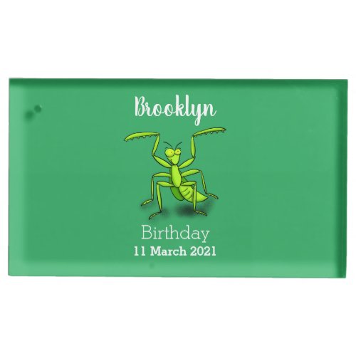 Funny green praying mantis cartoon illustration place card holder