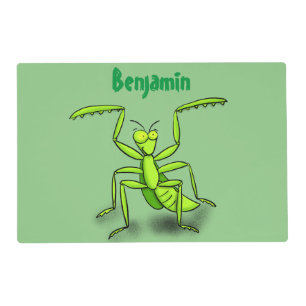 Funny green praying mantis cartoon illustration placemat