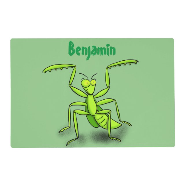 Funny green praying mantis cartoon illustration placemat (Front)