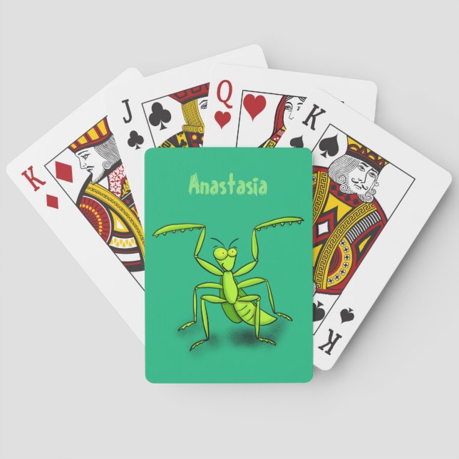 Funny green praying mantis cartoon illustration poker cards (Back)