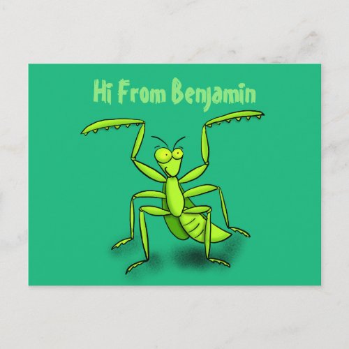 Funny green praying mantis cartoon illustration postcard