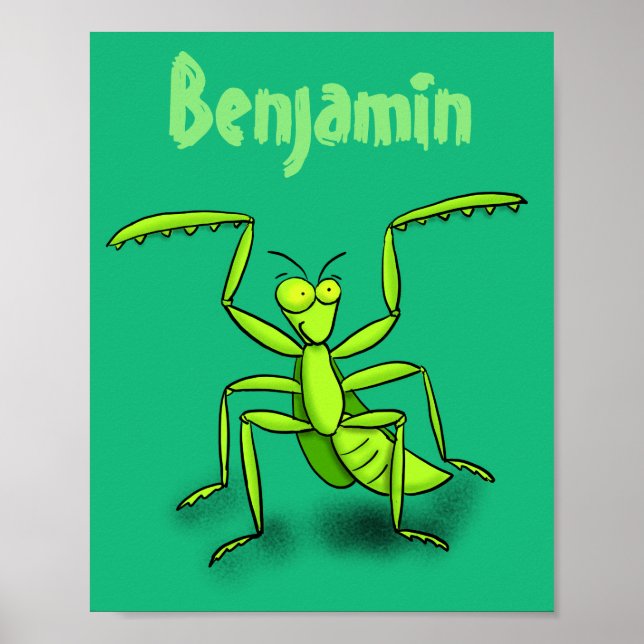 Funny green praying mantis cartoon illustration poster (Front)