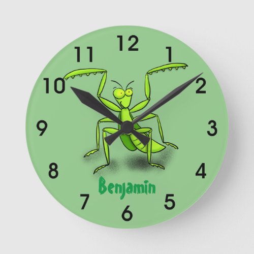 Funny green praying mantis cartoon illustration round clock