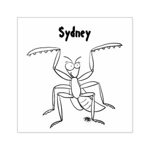 Funny green praying mantis cartoon illustration rubber stamp
