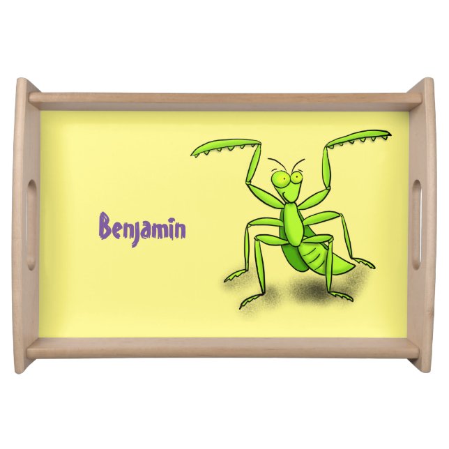 Funny green praying mantis cartoon illustration serving tray (Front)