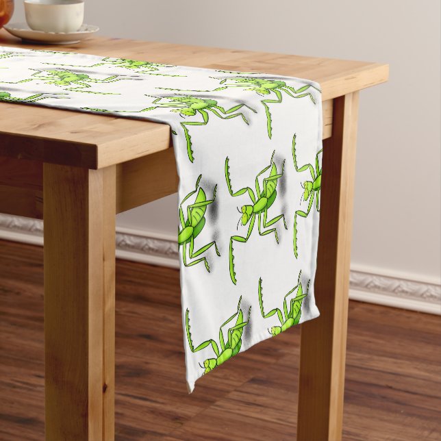 Funny green praying mantis cartoon illustration short table runner (In Situ)