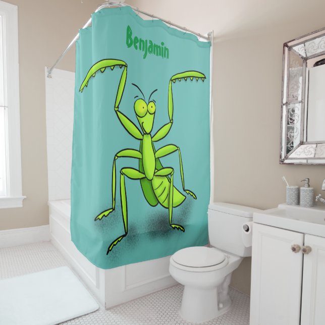 Funny green praying mantis cartoon illustration shower curtain (In Situ)