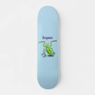 Funny green praying mantis cartoon illustration skateboard