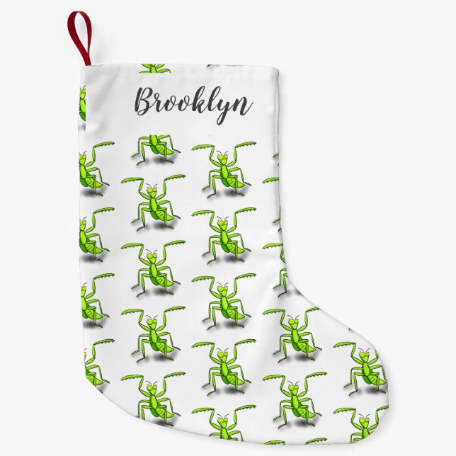 Funny green praying mantis cartoon illustration small christmas stocking (Front)
