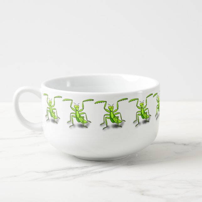 Funny green praying mantis cartoon illustration soup mug (Right)