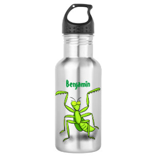Funny green praying mantis cartoon illustration stainless steel water bottle