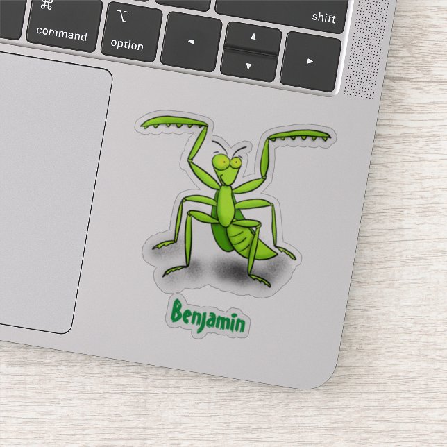 Funny green praying mantis cartoon illustration sticker (Detail)