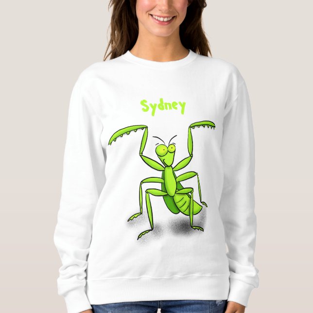 Funny green praying mantis cartoon illustration sweatshirt (Front)