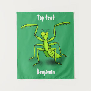 Funny green praying mantis cartoon illustration  tapestry