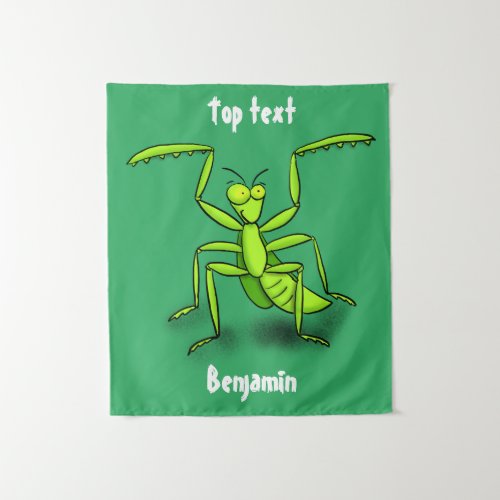 Funny green praying mantis cartoon illustration  tapestry