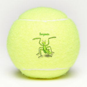 Funny green praying mantis cartoon illustration tennis balls