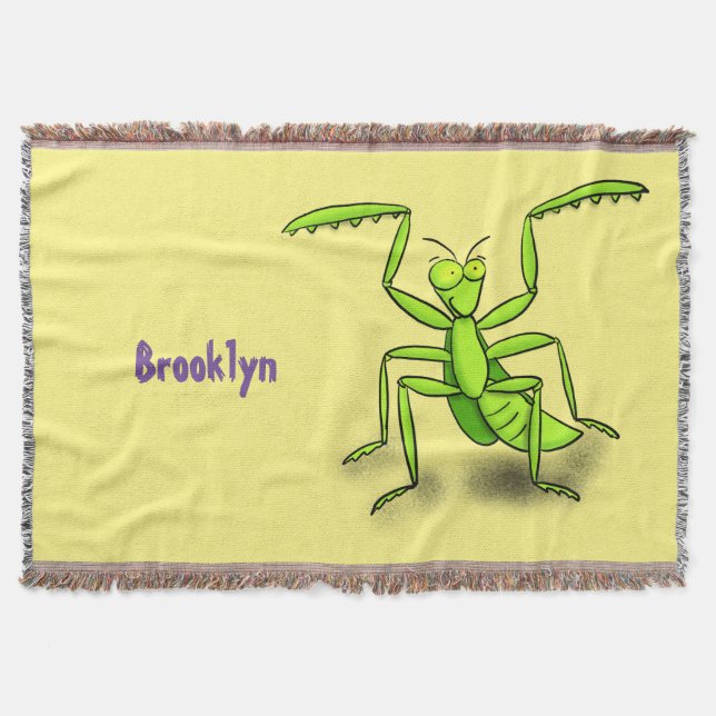 Funny green praying mantis cartoon illustration throw blanket (Front)