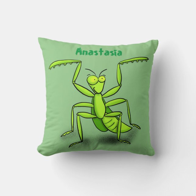 Funny green praying mantis cartoon illustration throw pillow (Front)
