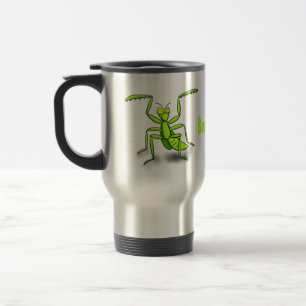 Funny green praying mantis cartoon illustration travel mug