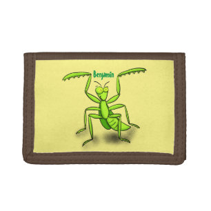 Funny green praying mantis cartoon illustration trifold wallet